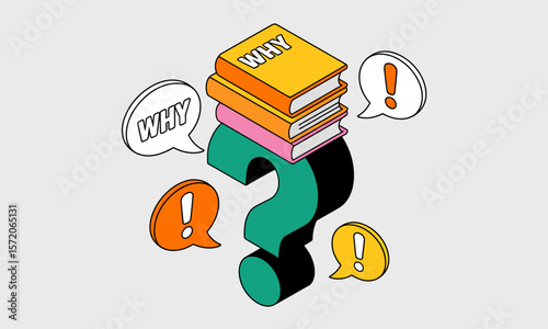 Stack of books sits atop a question mark, representing a search for answers with isometric design and copy space, indicating a concept for learning and problem-solving.