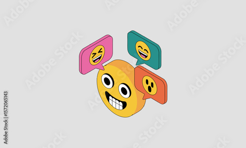 Cartoon Emoji Shares Laughter in a Digital World, with isometric perspective and bright colors for a fun, expressive communication concept.