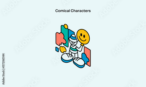 Cartoon character holds a smiley face balloon, standing against an abstract colorful backdrop, creating a whimsical illustration with copy space.