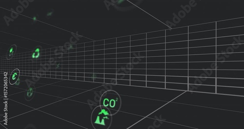 Green icons appearing and drifting in 3D tunnel, clustering and showing energy environment symbols
