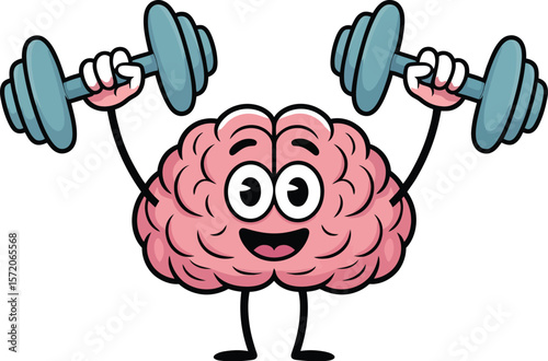 Cartoon brain lifting dumbbells with arms and legs on a white background in a digital illustration