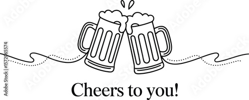 Line drawing of two beer mugs clinking with foam and cheers to you text on a light background design