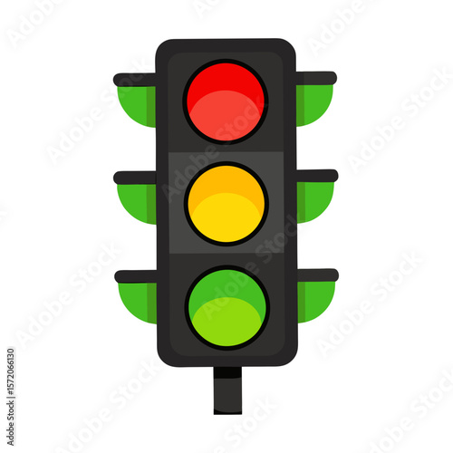 Traffic light icon. Red yellow green lights. Flat vector illustration isolated on white