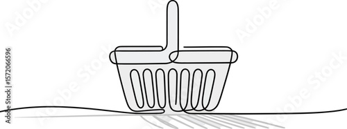 One line drawing of a shopping basket with a handle on a white background with a shadow underneath it