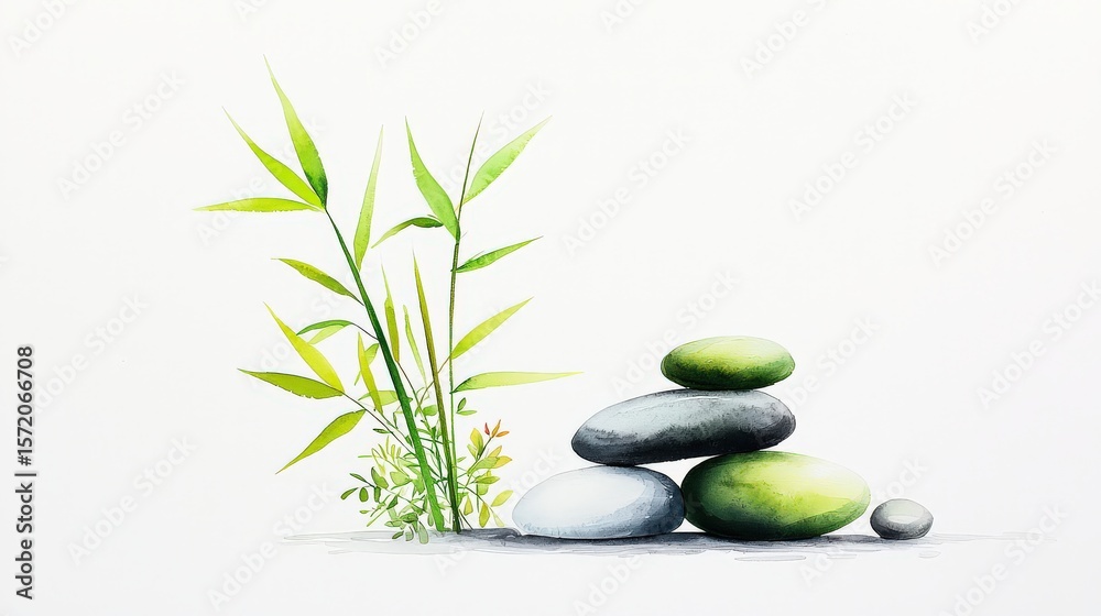 Naklejka premium Zen collage design using torn rice paper, smooth stones, bamboo textures, and tranquil composition on white