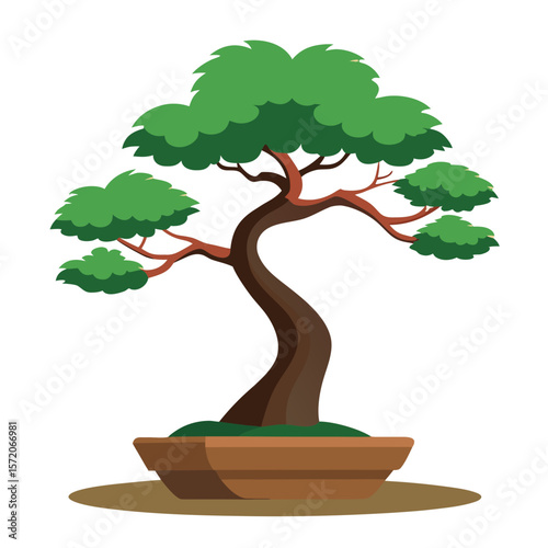 A stylized bonsai tree with a curved brown trunk and green foliage clusters, planted in a brown ceramic pot and sitting on a beige surface in a minimalist illustration style.