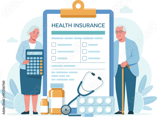 Senior couple with health insurance form, calculator, pills, and stethoscope on a white background scene