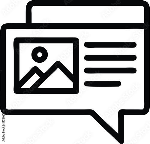 A message bubble with an image represents online communication and content