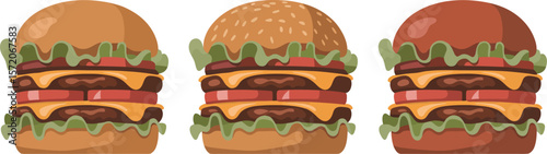 Three stylized double cheeseburgers with lettuce and tomato slices on a light background in a row