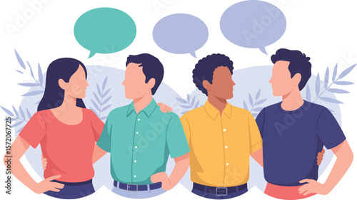 Illustration of four people standing together with speech bubbles and leafy background design element
