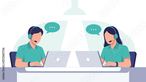 Illustration of two customer service representatives with headsets and laptops at a white desk area