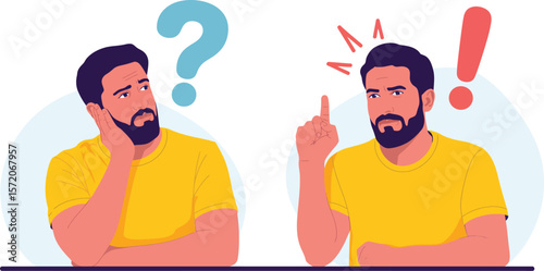 A man in yellow shirt with question mark and exclamation point showing problem solving and idea generation