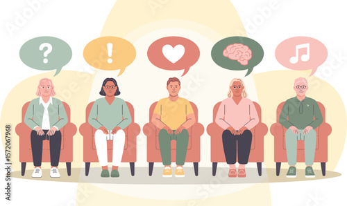 Illustration of five people sitting in chairs with thought bubbles above their heads representing ideas