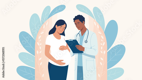 A pregnant woman with a doctor in a medical setting with leaf designs in the background illustration
