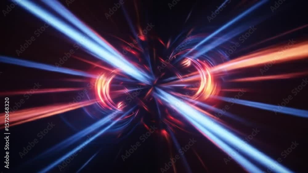Abstract tunnel with red and blue light streaks converging to a central point on a dark background