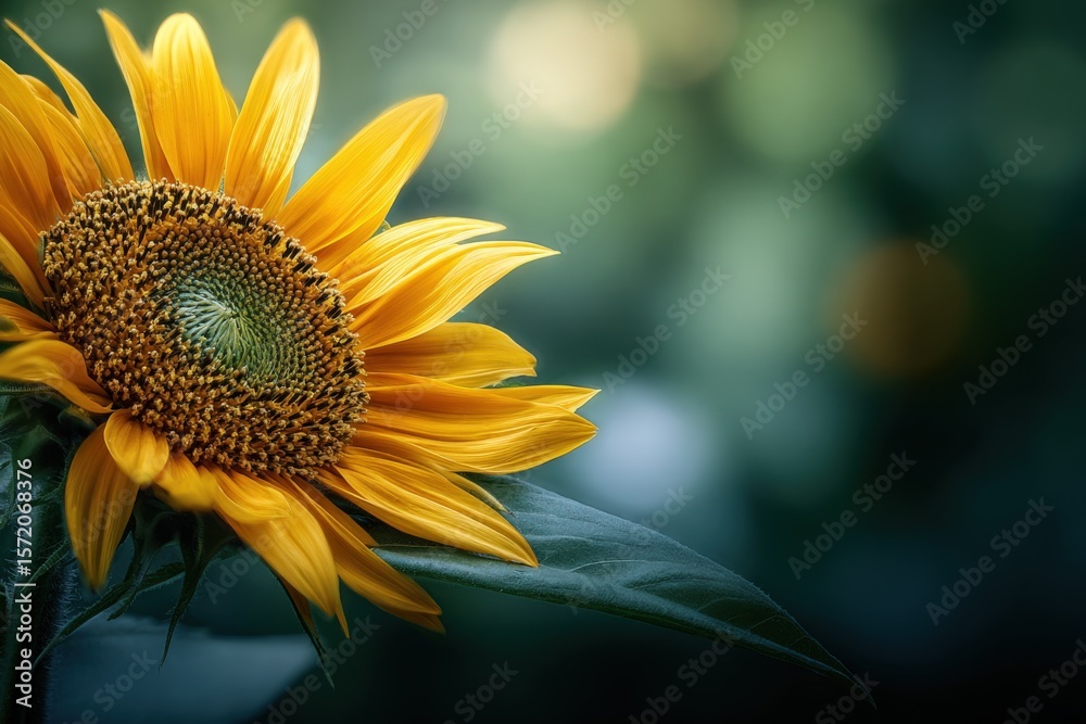 Naklejka premium Bright Sunflower Flower in Full Bloom with Yellow Petals and Green Leaf on Natural Background in a Garden du Daytime