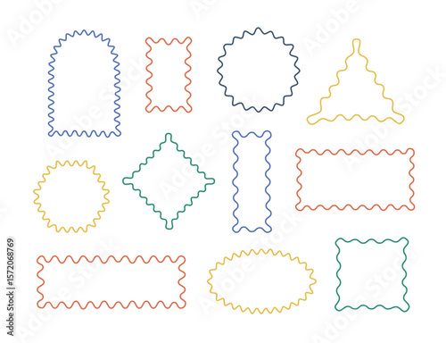 Wavy, zigzag borders geometric shapes, figures. Color line edges vector square, arc, oval, round, rectangle forms