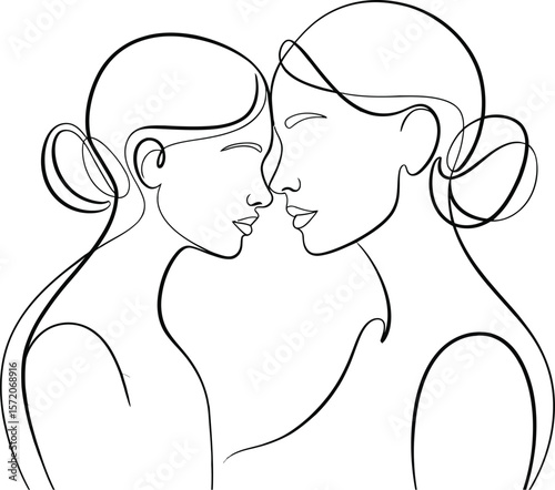 Continuous line drawing of two women facing each other with plants and window shadow on the background