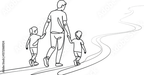 A continuous line drawing of a father walking with his two children on a path in a white background