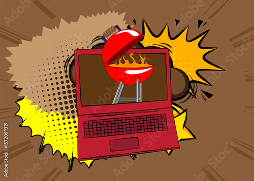 Cartoon Laptop, comic book Notebook with Burning wood in barbeque grill. Retro vector comics pop art design.