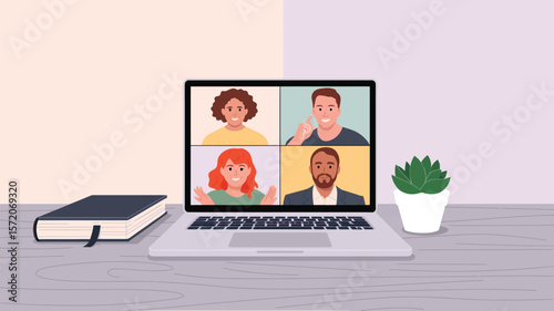 A laptop showing a video call with four people, a notebook, and a potted plant on a wooden textured table