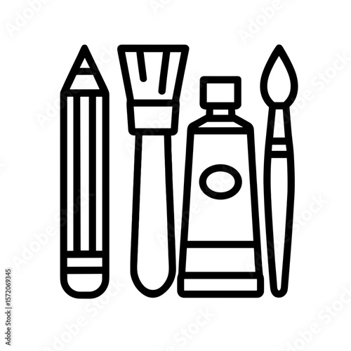 Art supplies set with pencil, brushes and paint tube – outline