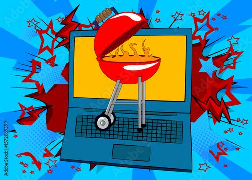 Cartoon Laptop, comic book Notebook with Burning wood in barbeque grill. Retro vector comics pop art design.