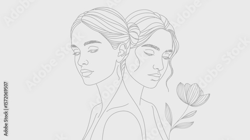 Two women line art with flower illustration on a light gray background in a minimalist style art