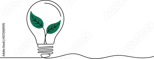 Illustration of a lightbulb with green leaves inside on a white background in a minimalist style design