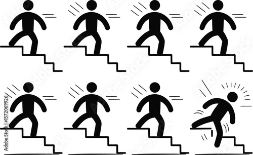 Stick figures climbing stairs with one falling down in a sequence on a white background design art