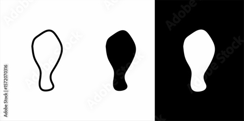 Minimalist drumstick meat icon set in three styles: outline, solid black, and inverse white silhouette. Perfect for food labels, butcher shop branding, meat packaging, and recipe infographics.