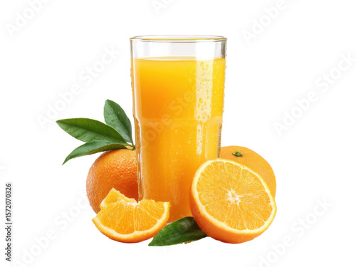 Fresh orange juice beverage with whole and sliced oranges and green leaves drink citrus, Isolated, Transparent Png