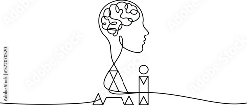 Single line drawing of a head with brain connected to ai symbols on a white background in black and white