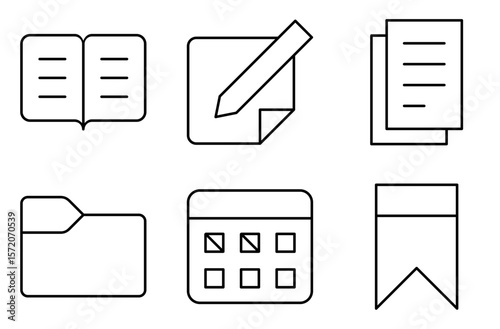 Books and Paper Materials Icon Set, such as book, writing paper, paper, folder, class schedule, and bookmark