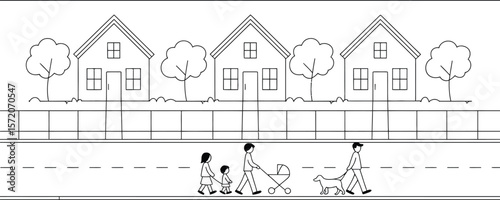 A black and white illustration of a suburban street with houses, trees, and people walking on the road