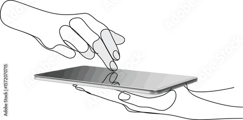 Continuous line drawing of hands interacting with a tablet on a white background in monochrome style