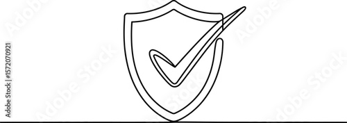 A continuous line drawing of a shield with a check mark inside on a white background with a line below