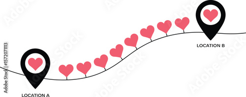 A route with hearts connecting location a and location b on a white background with a black curved line