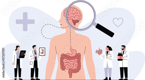 Illustration of human body with doctors and internal organs with magnifying glass and healthcare symbols