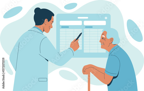 A doctor explaining patient history and treatment plan to an elderly man with a cane in a clinic