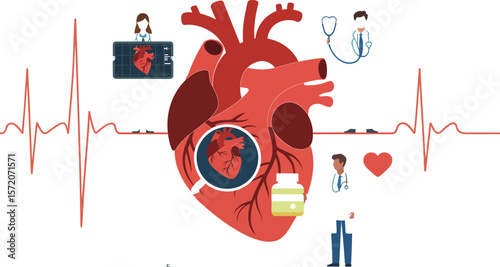A heart diagram with doctors and medical equipment on a blue and white grid background design art