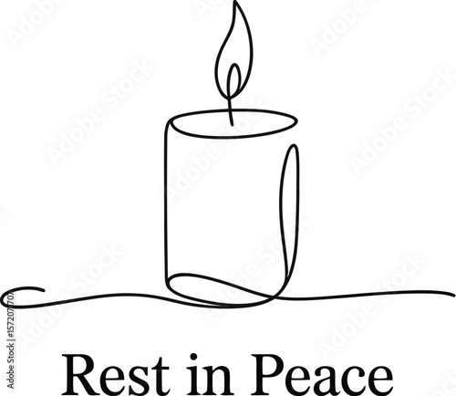 A simple line drawing of a candle with a flame and sparkles with the words rest in peace below it