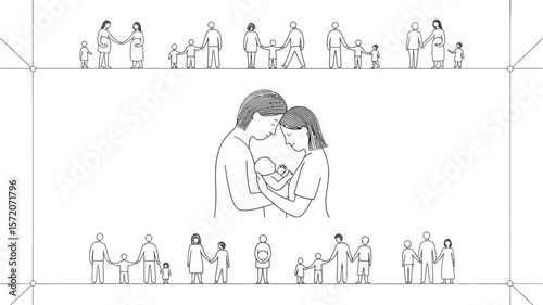 A line drawing showing a family with a newborn baby and other families around them in a white background