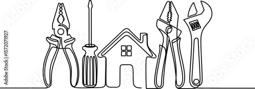 Continuous line drawing of house with tools including pliers screwdriver and adjustable wrench on white
