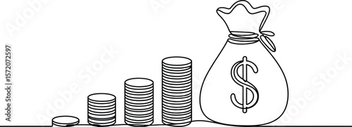 Line drawing of increasing coin stacks leading to a money bag with dollar sign on a white background