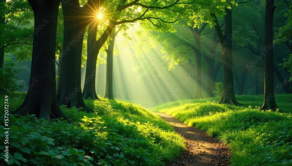 Naklejka premium Sunlight dapples through the canopy of a lush park forest, illuminating the vibrant green undergrowth and winding paths A tranquil scene perfect for relaxation and escape , quiet, plants