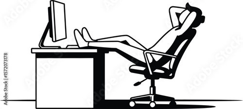 Man reclining in office chair with feet up on desk in front of computer in black and white outline