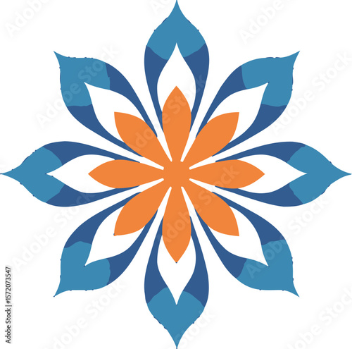 A stylized floral design with blue and orange petals against a dark blue background in a symmetrical pattern