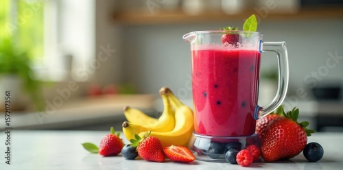 Vibrant smoothie ingredients blended to perfection in a modern blender, creating a refreshing and healthy beverage Perfect for recipe blogs or healthy lifestyle websites , vibrant, red, pink