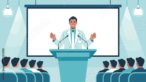 A doctor is giving a presentation to an audience in a conference room with a screen behind the speaker